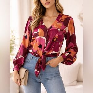 ✨🌺 DR2 Floral Satin Tie Front Blouse 🌸 Burgundy Chic Long Sleeve 🌺✨